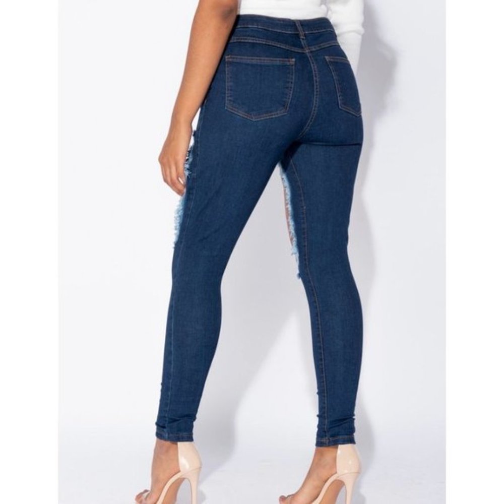 Blue High Waist Ripped Distressed Skinny Denim Jeans Pants - Picture 6 of 13